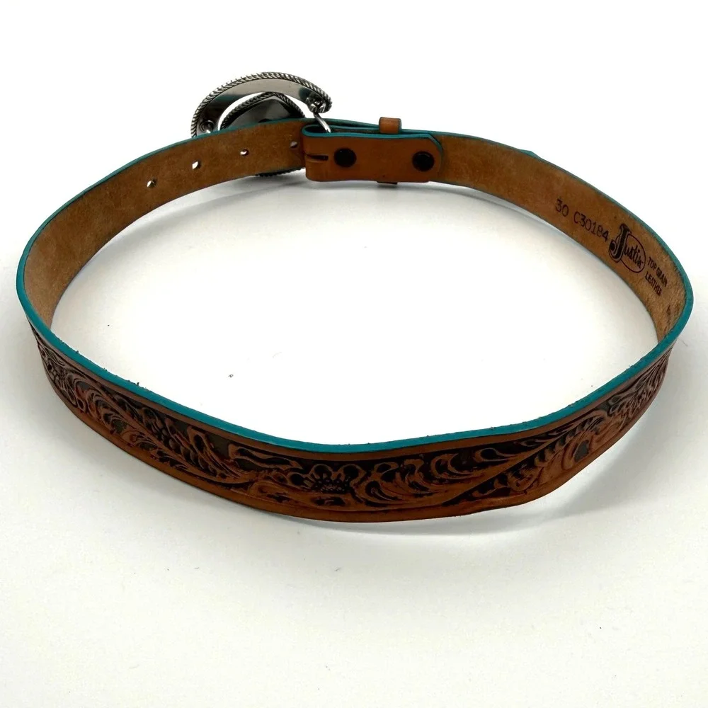 Justin Womens 30 Leather Belt Western Tooled Horseshoe Heart Buckle Teal Cowgirl